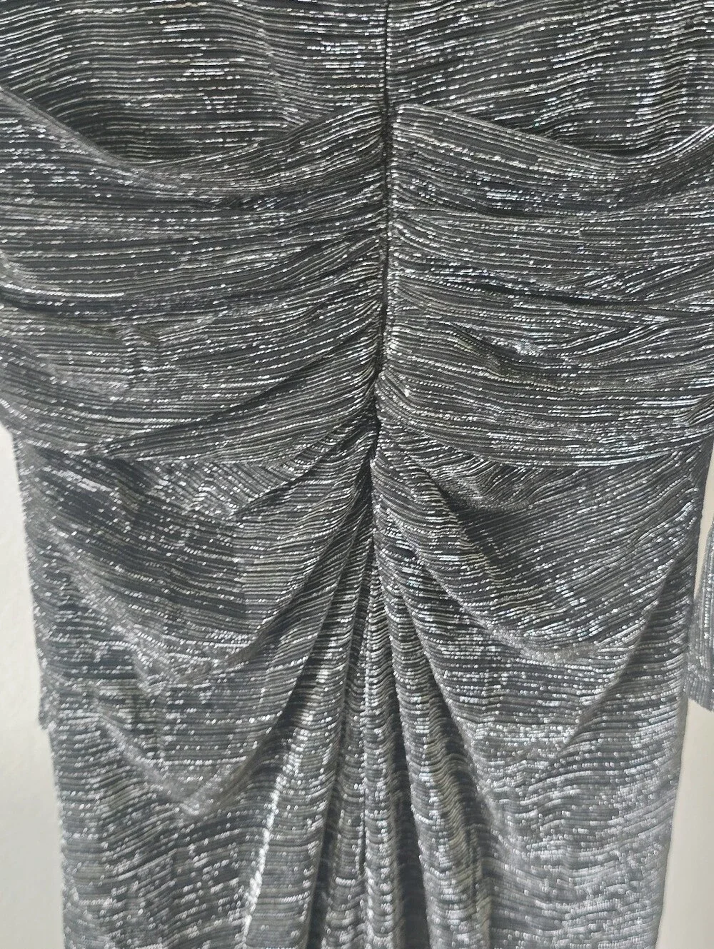 Betsy & Adam Metallic Silver Black Ruched Evening Gown Maxi Dress Size 16 $279